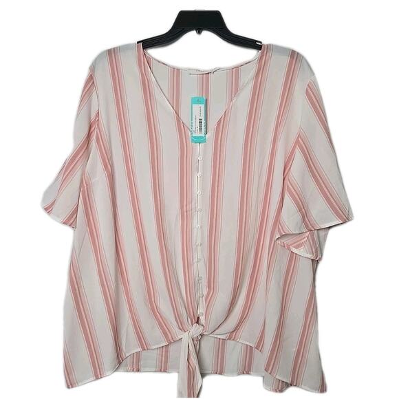 LUSH Krisantha Tie-Front Button Batwing Blouse Coral White Stripe Plus 3X New - Picture 1 of 6